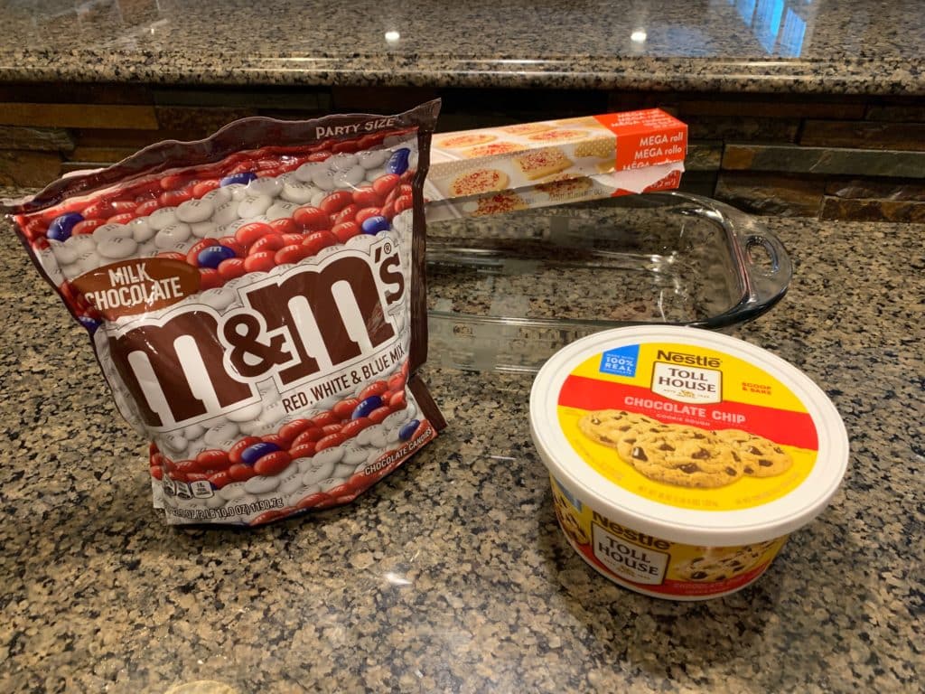 Patriotic Cookie Bars with chocolate chips and m&ms