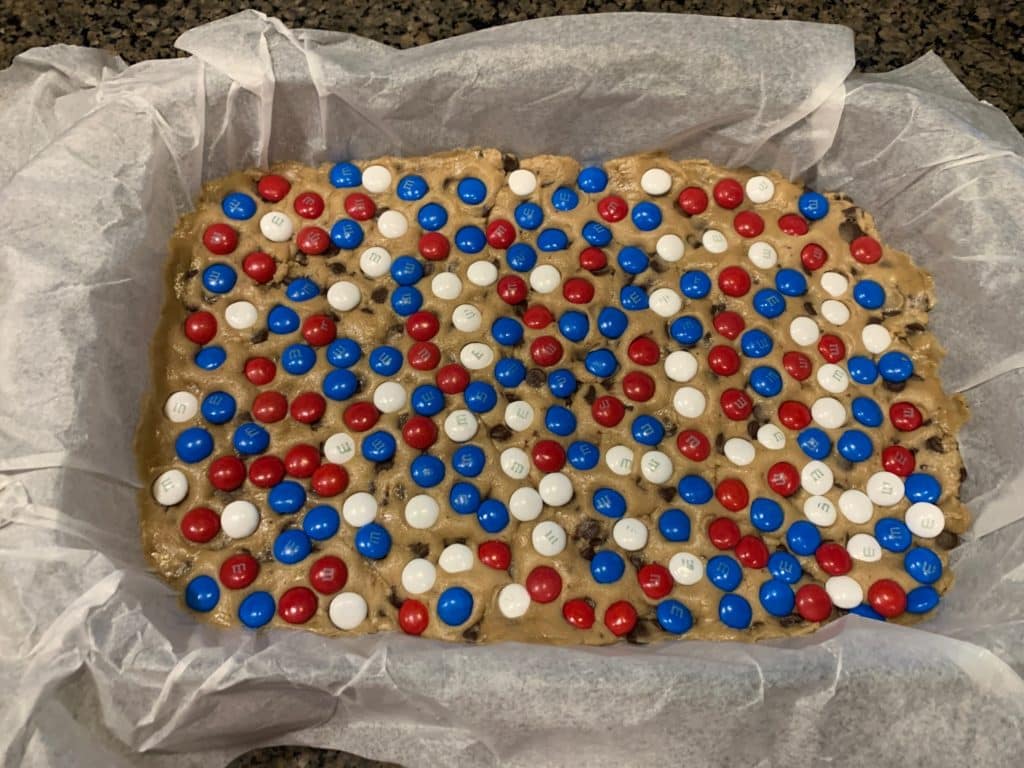 Patriotic Cookie Bars with chocolate chips and m&ms