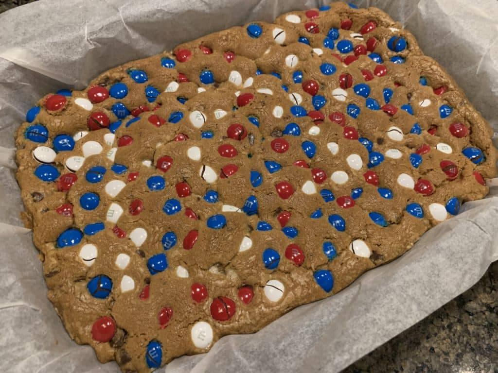 Patriotic Cookie Bars with chocolate chips and m&ms