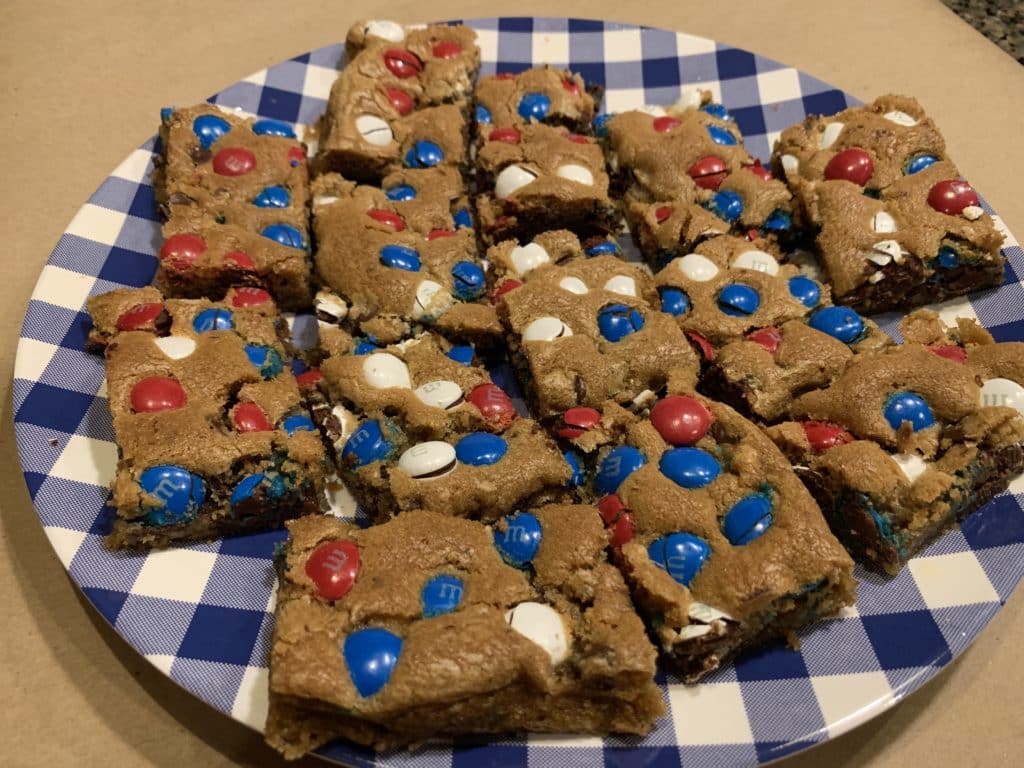 Patriotic Cookie Bars with chocolate chips and m&ms