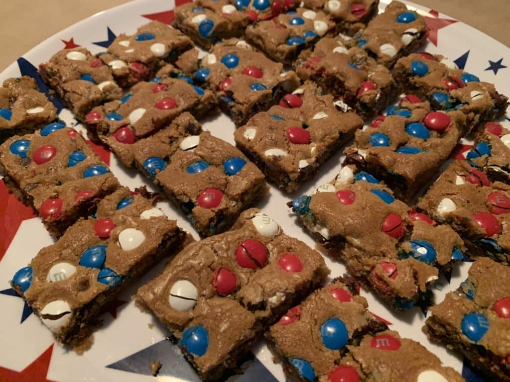 Patriotic Cookie Bars with chocolate chips and m&ms