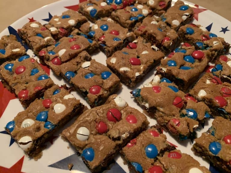 Patriotic Cookie Bars with chocolate chips and m&ms
