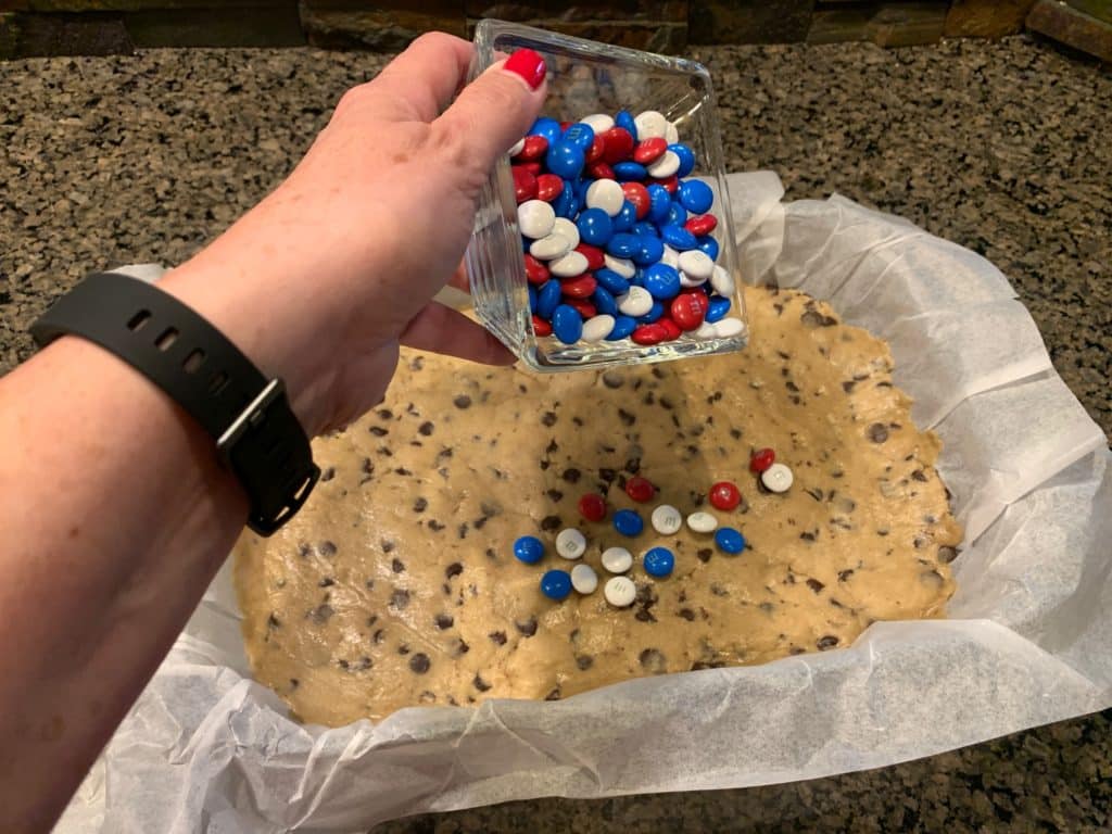 Patriotic Cookie Bars with chocolate chips and m&ms