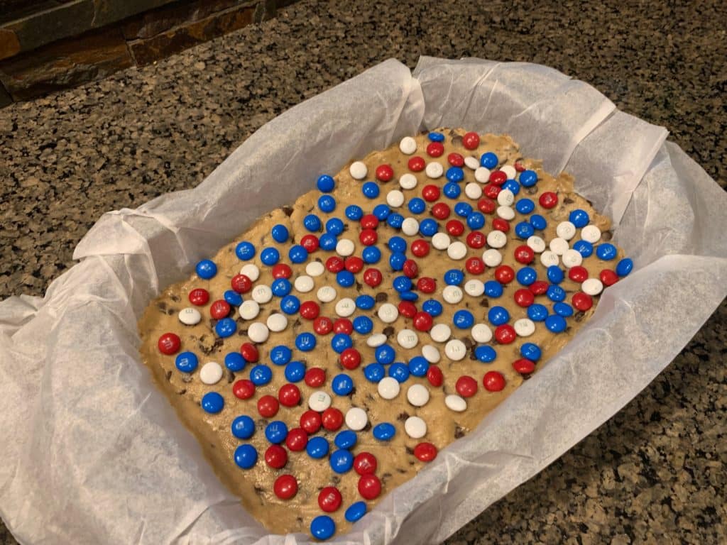 Patriotic Cookie Bars with chocolate chips and m&ms