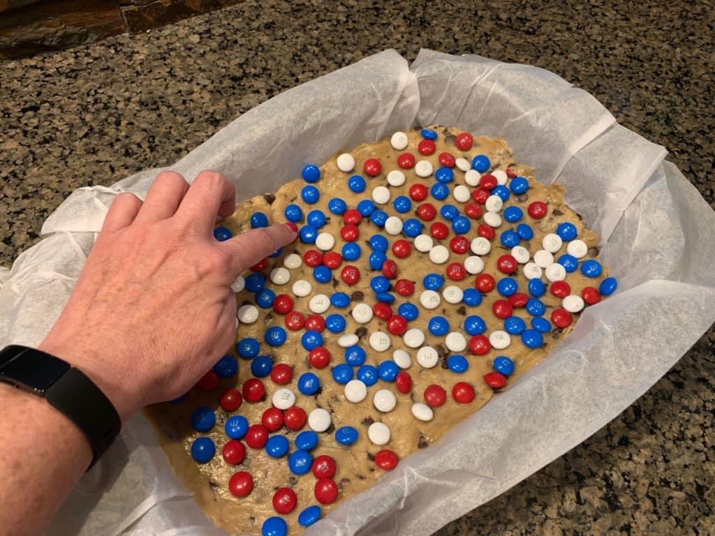 Patriotic Cookie Bars with chocolate chips and m&ms