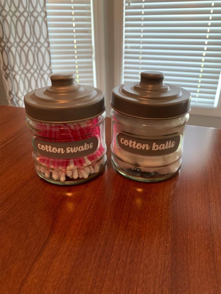 Dollar Tree Bathroom organization idea, DIY project making cotton ball and cotton swab containers