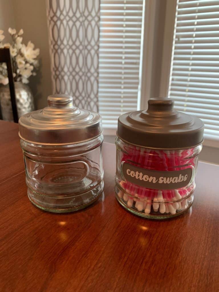 Dollar Tree Bathroom organization idea, DIY project making cotton ball and cotton swab containers