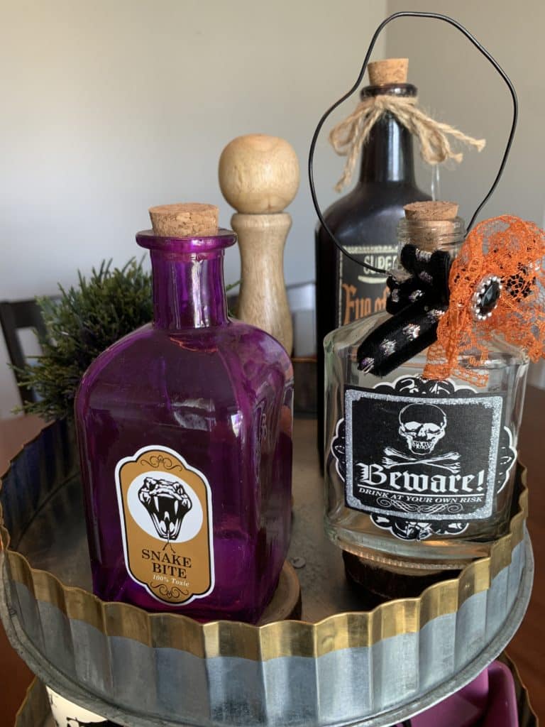 Halloween tiered tray poison bottles