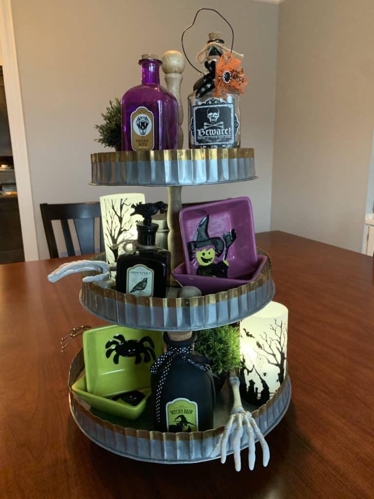 Halloween tiered tray poison bottles
