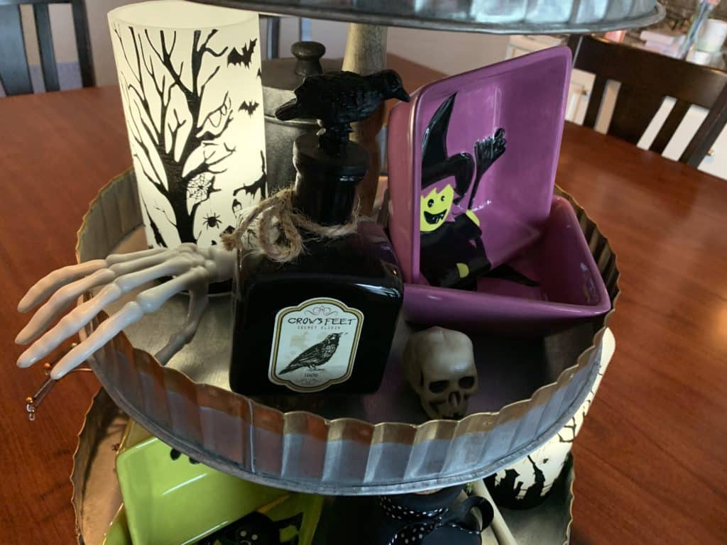 Halloween tiered tray poison bottles