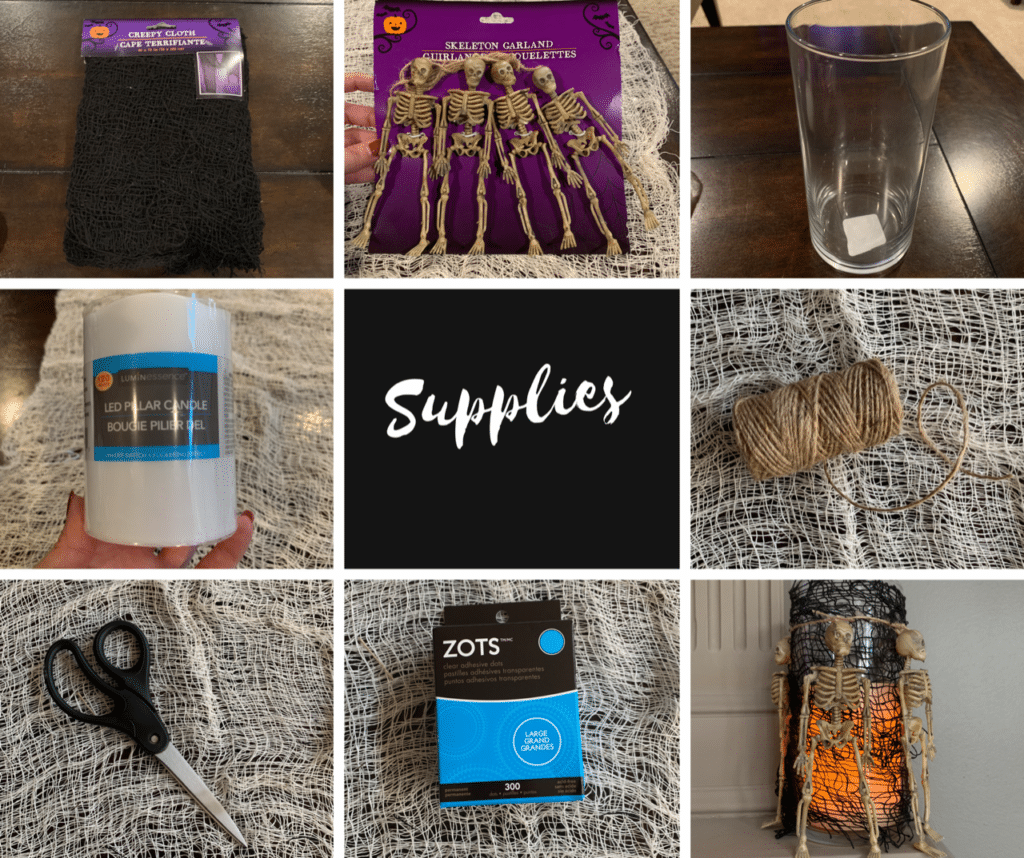 Halloween Decorations DIY: Dollar Tree Skeletons tied onto black mesh covered vase with candle