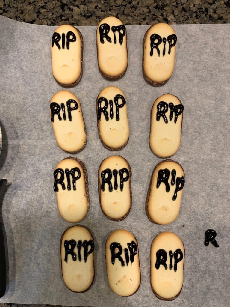 RIP Milano cookies for Halloween tombstone brownies
