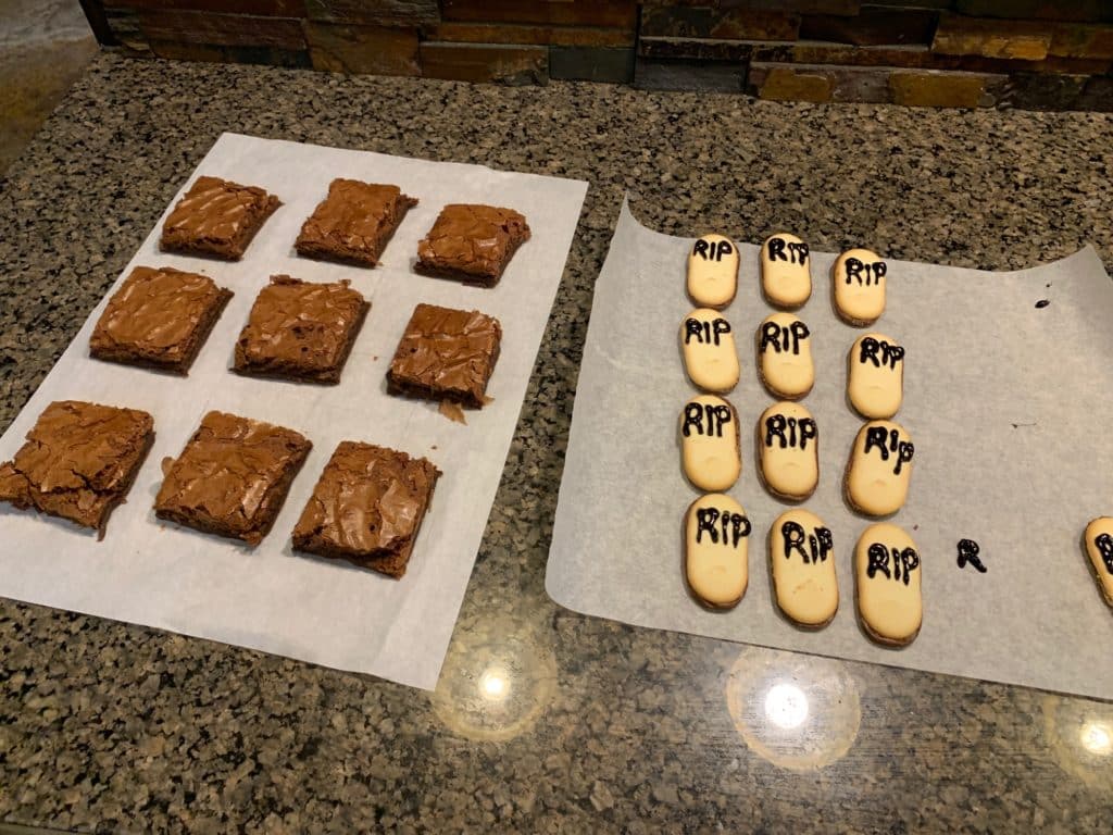 brownies and RIP Milano cookies for Halloween tombstone brownies