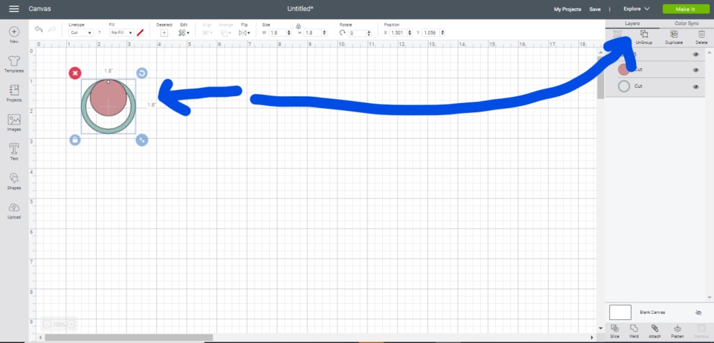 Ungroup elements of an image by clicking on Ungroup in Cricut Design Space