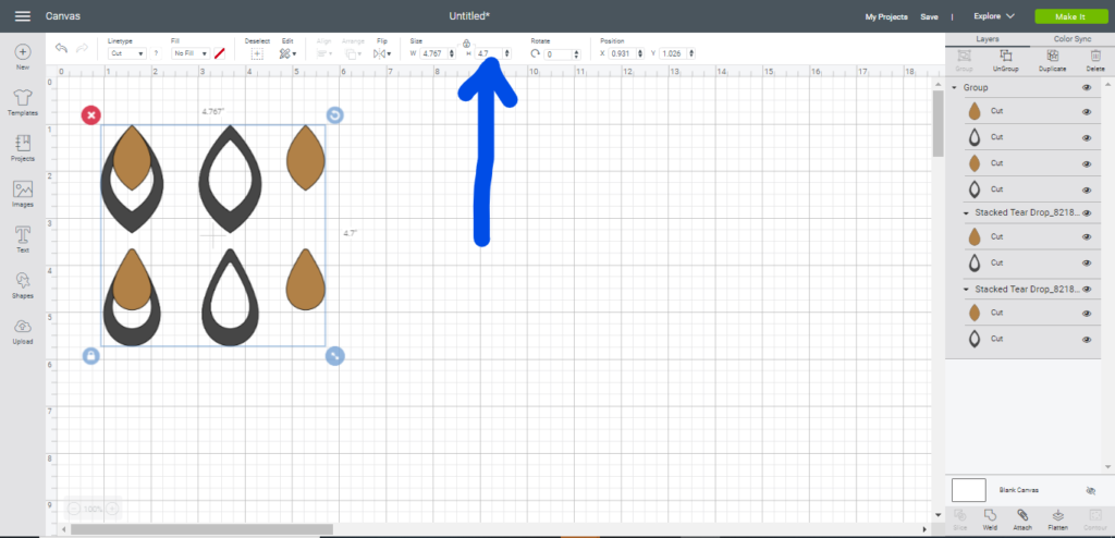 changing height of faux leather earrings in Cricut Design Space