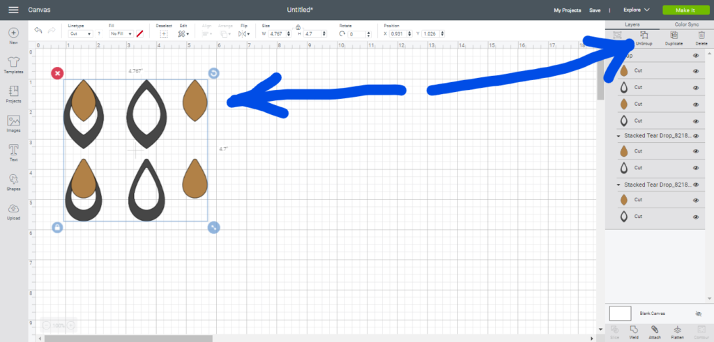Ungroup an image by clicking on ungroup button in cricut design studio