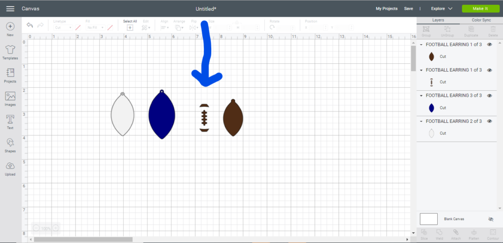 football faux leather earrings on Cricut Design space canvas