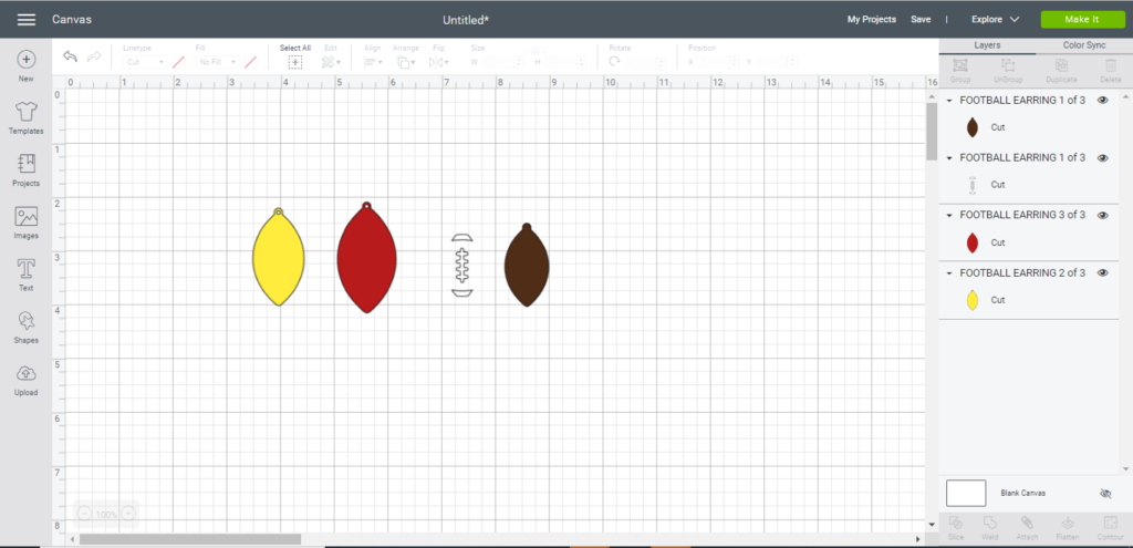 football shapes on Cricut Design Space canvas for diy football faux leather earrings