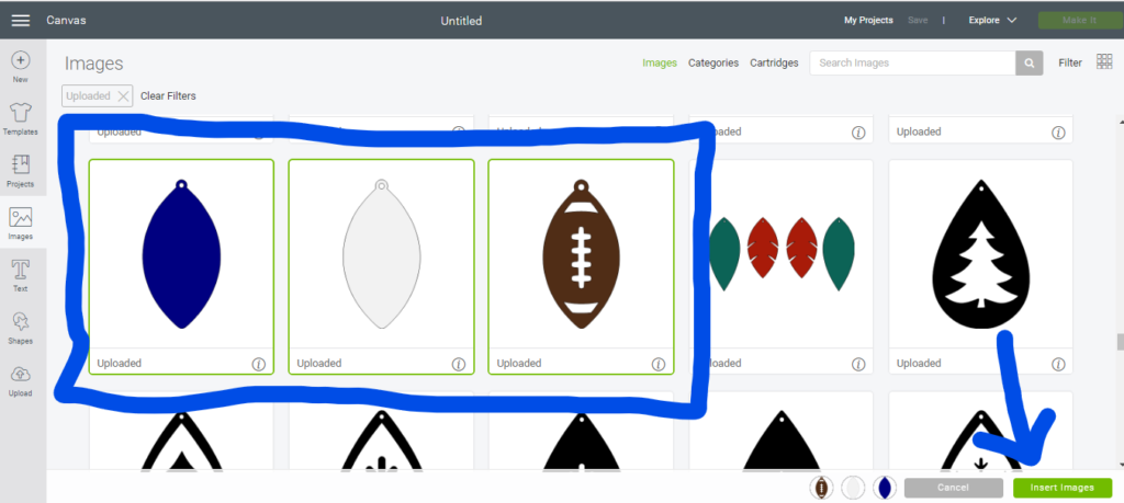 Inserting images onto the canvas in Cricut Design Space when making football faux leather earrings