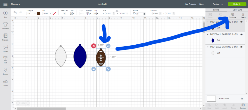 duplicating an image of a football on Cricut design space when making football faux leather earrings