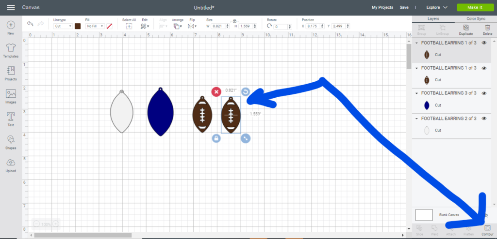Clicking the Contour button while the football image is selected