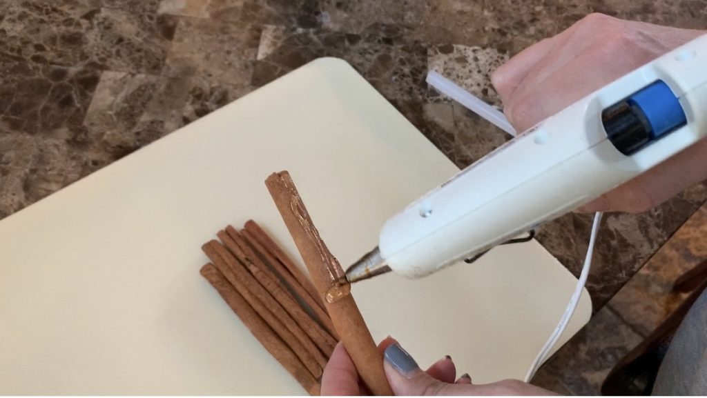 cinnamon sticks glued together to make pumpkin stem