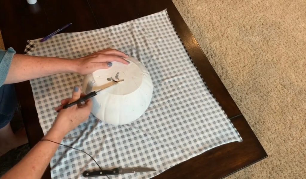 Wrapping fabric around fabric covered pumpkins