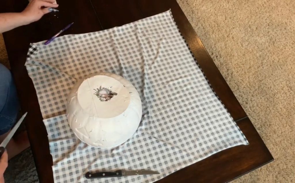 Wrapping fabric around fabric covered pumpkins