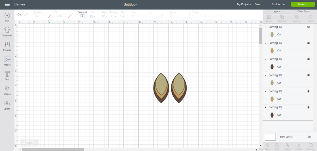 One pair of earrings without holes ready to cut on a Cricut Explore, in Cricut design studio