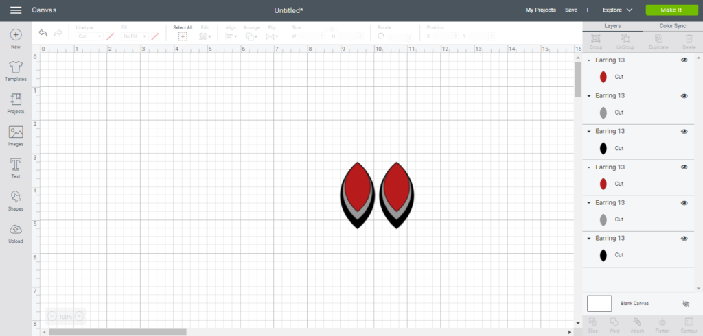 One pair of earrings without holes ready to cut on a Cricut Explore, in Cricut design studio