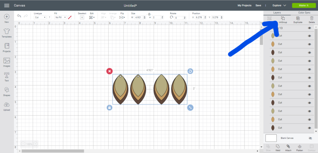 Clicking the Ungroup button in Cricut design studio while making faux leather earrings
