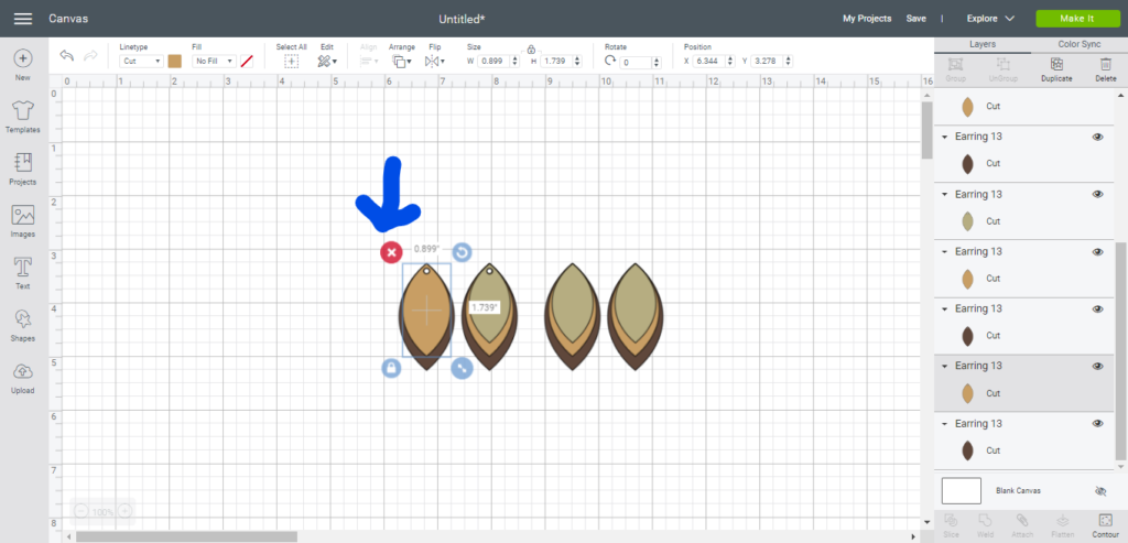 Selecting and deleting items on Cricut Design Studio while making faux leather earrings