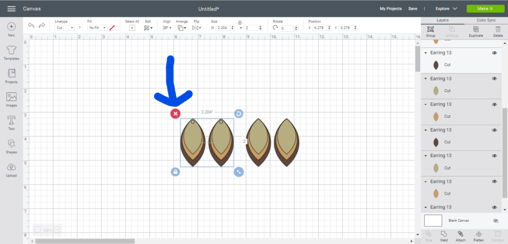 Selecting and deleting items on Cricut Design Studio while making faux leather earrings