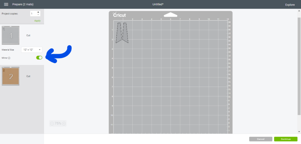 click on the mirror button to mirror the cuts on the Cricut mats in cricut design space