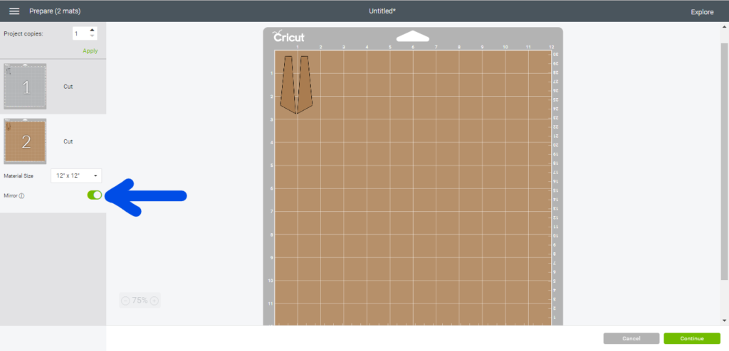 click on the mirror button to mirror the cuts on the Cricut mats in cricut design space