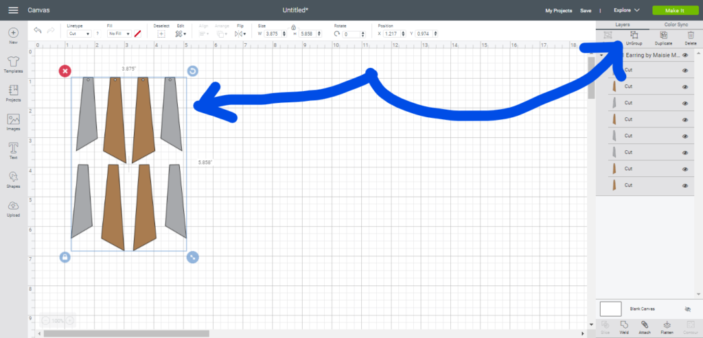 Ungroup the faux leather earring pieces by clicking on image and clicking on Ungroup