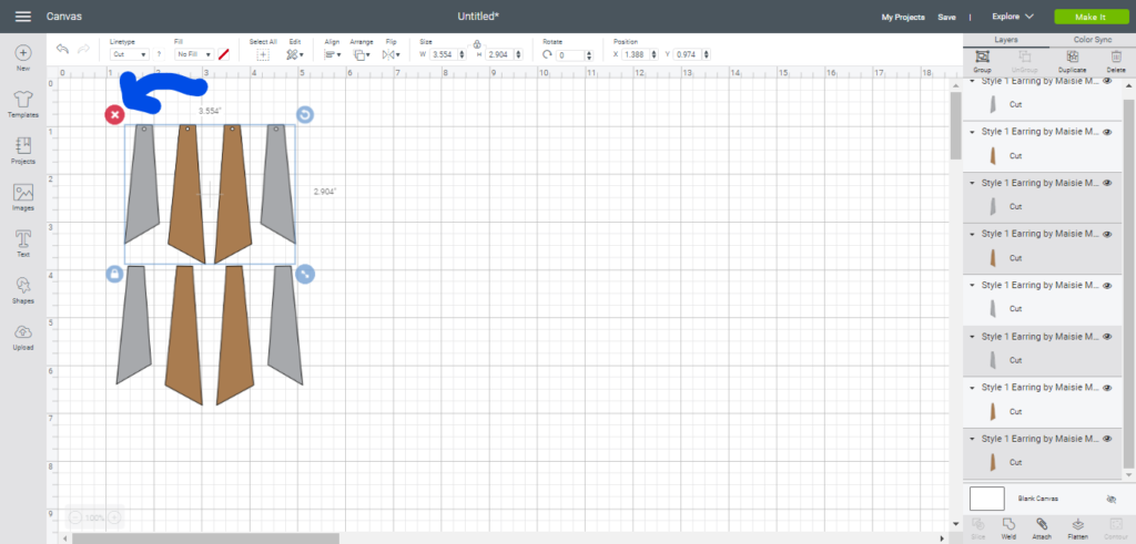 delete pieces of faux leather earrings on Cricut Design space canvas