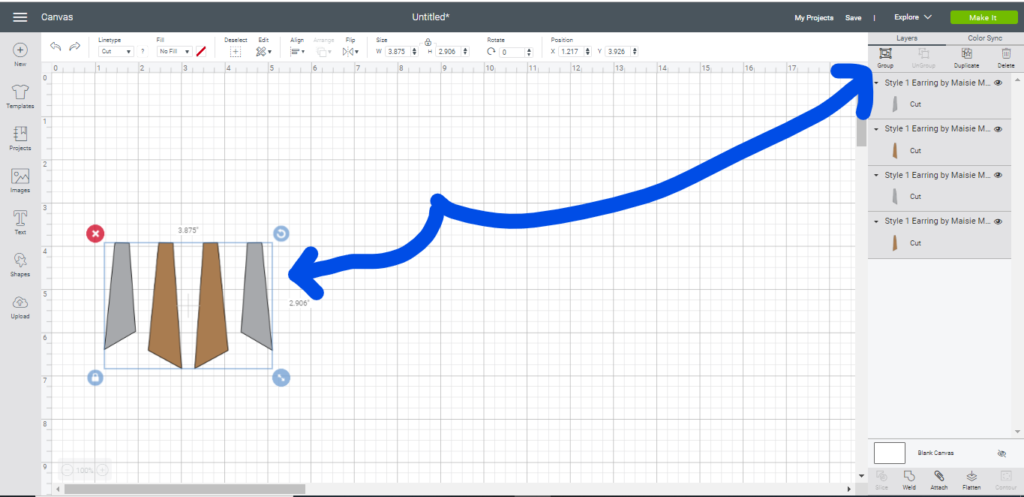 group together leather earring components on cricut design space