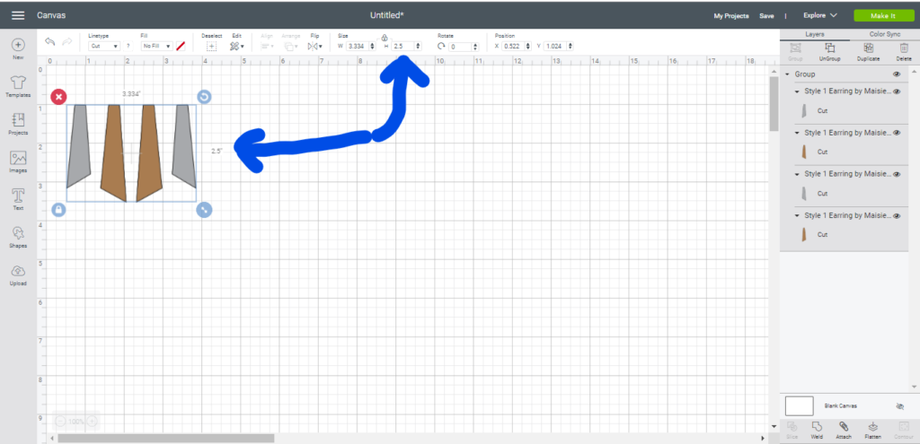 modify height of tall stacked earrings in cricut design space