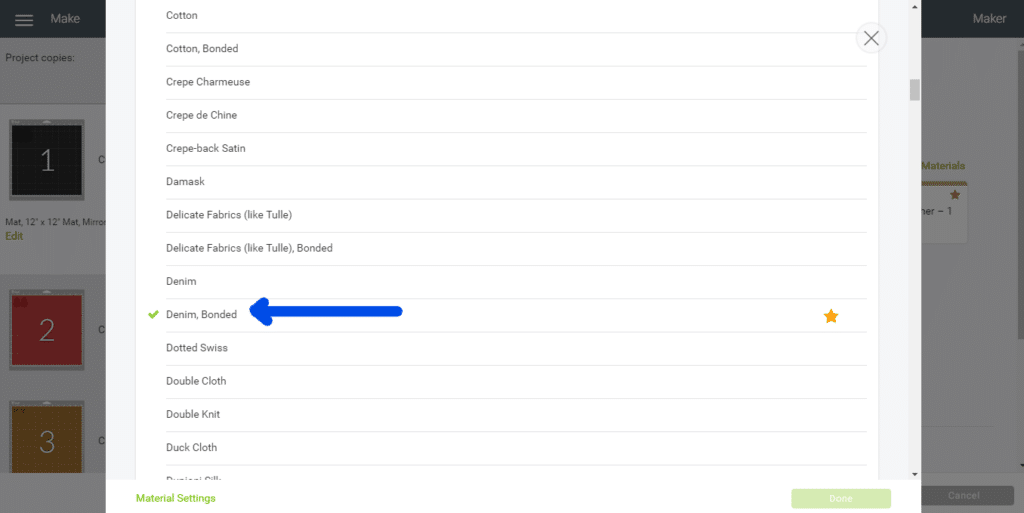 denim bonded setting for cutting chunky glitter on a cricut machine for diy faux leather earrings