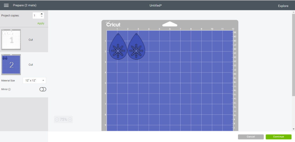 making snowflake faux leather earrings on the Cricut machine