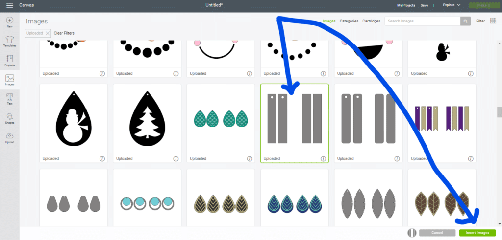 insert file to make leather bar earrings diy onto Cricut Canvas in Criicut Design Studio