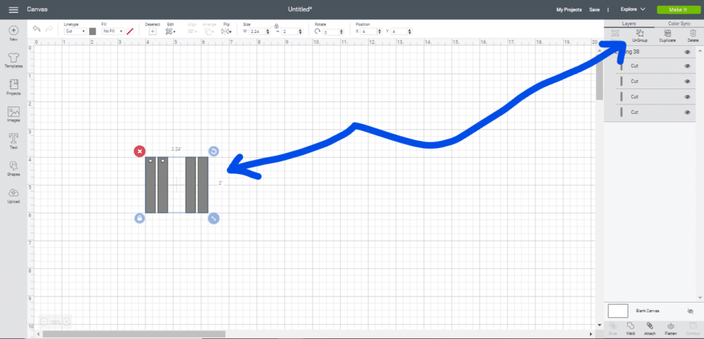 Ungrouping the DIY Leather Bar Earring image on the Cricut Canvas in Cricut Design Studio