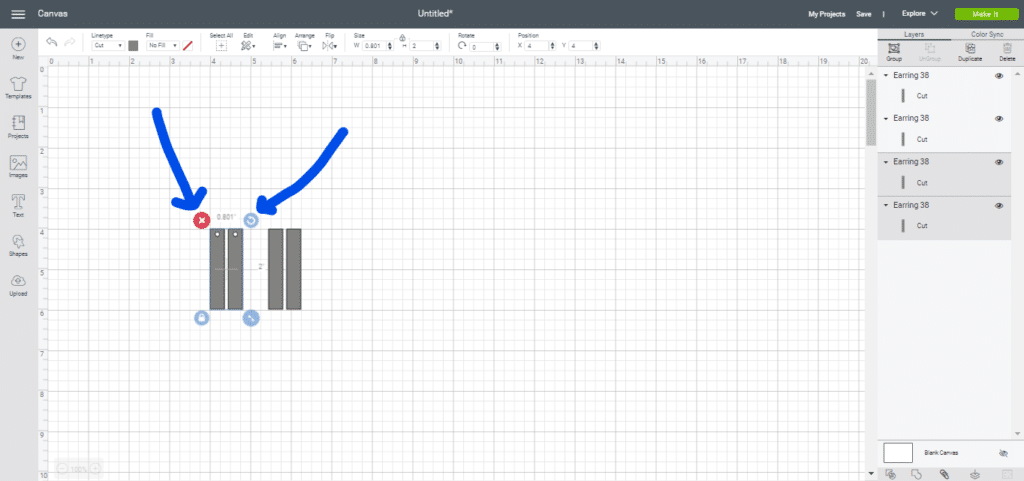 delete the diy leather bar earrings with the holes in them from the Cricut Canvas in Cricut Design Space