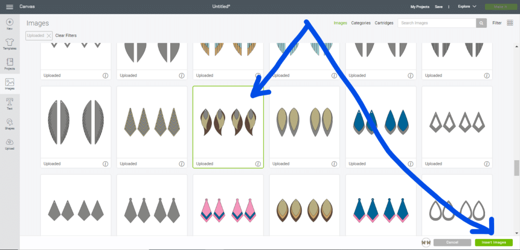 Insert curvy, stacked diy earrings onto a Cricut canvas in Cricut Design Space