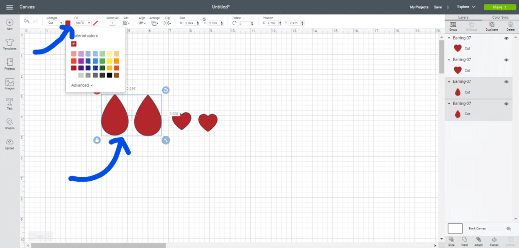 changing color of faux leather Valentine's Earrings on the Cricut mat in Cricut Design Space