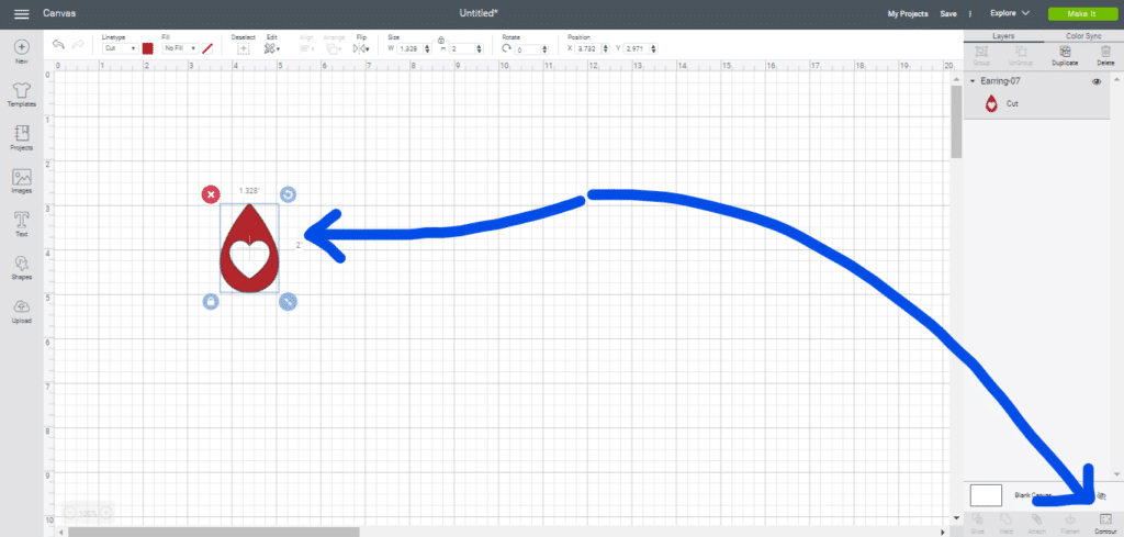 faux leather Valentine's Earrings on Cricut Explore, using contour