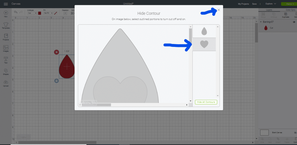 faux leather Valentine's Earrings on Cricut Explore, using contour