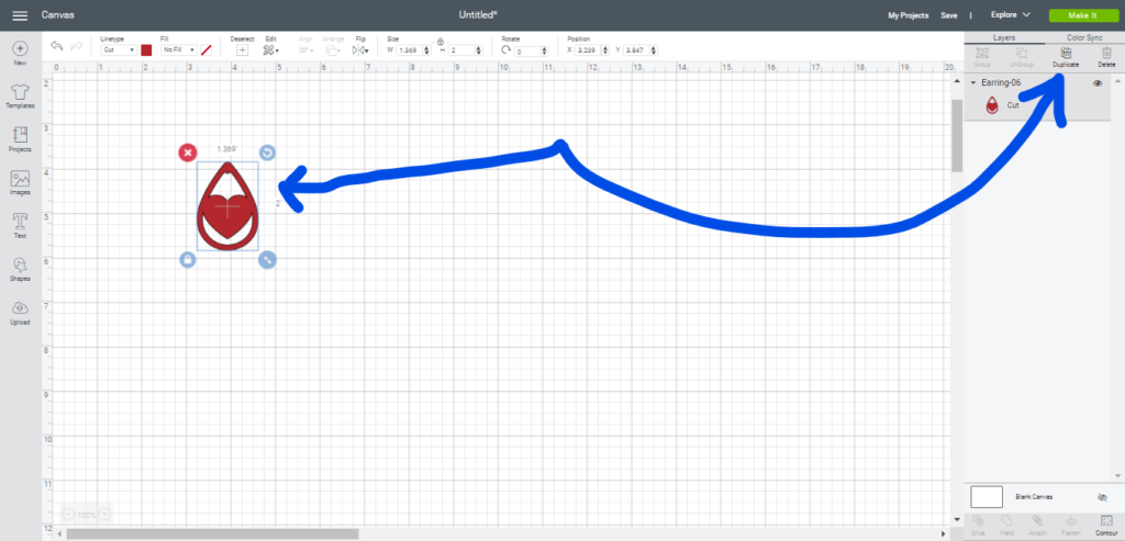 Duplicate heart earrings in Cricut Design space