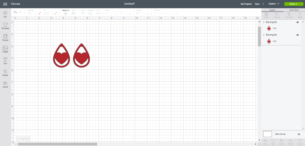 heart earrings on canvas in cricut design space